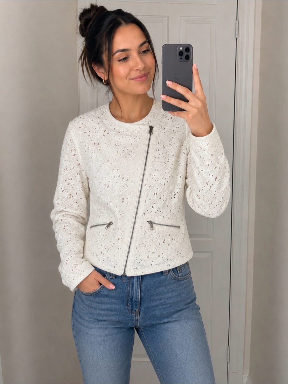 Lucky Brand Women's Livey White Eyelet Moto Jacket Bobo Hippie Lightweight Sz S